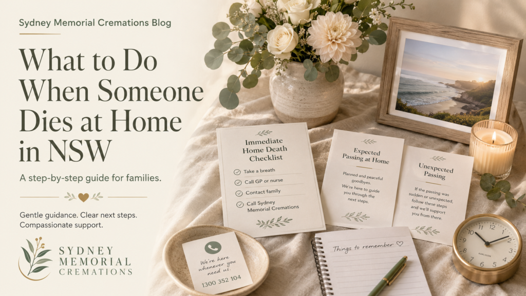 Sydney Memorial Cremations blog feature image with a gentle home death checklist, flowers, candle, framed coastal photo, clock, and guidance cards for families after someone dies at home in NSW.